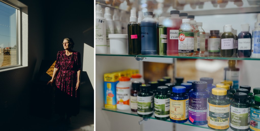 Left: Sara Janzen, owner of Family Gift Shop, stands for a portrait at the window by her checkout counter on Nov. 29, 2025. Right: Mennonite traditional medicines like Wonder Oil and Arnica are displayed at the Family Gift Shop in Seminole on Nov. 29, 2025.