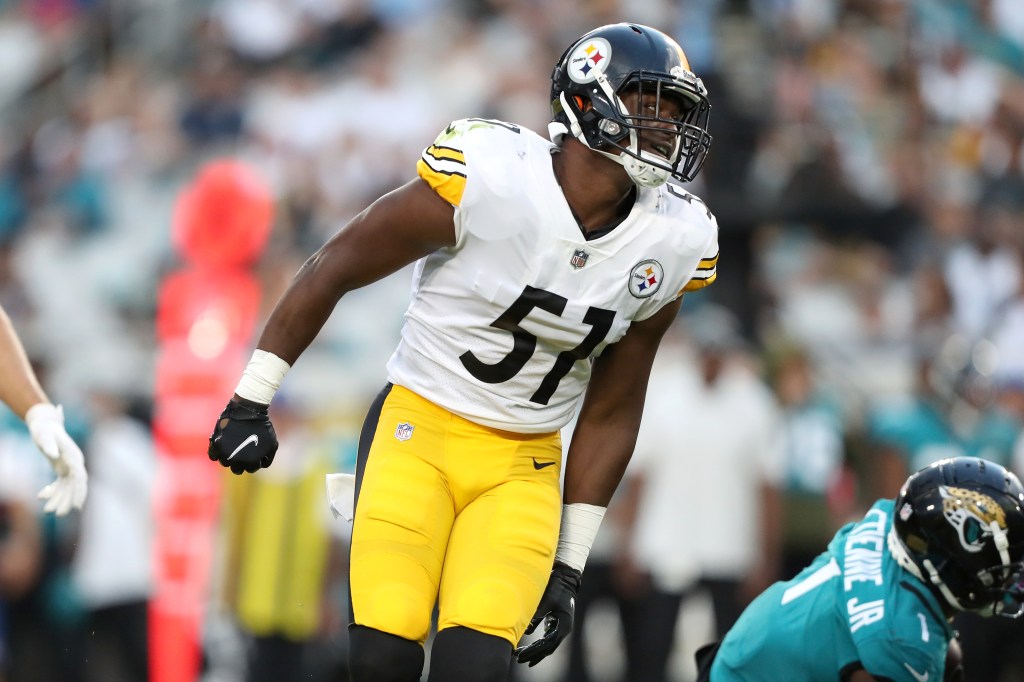 Myles Jack, then of the Pittsburgh Steelers, reacts after a tackle during the first half of a preseason game against the Jacksonville Jaguars at TIAA Bank Field on August 20, 2022 in Jacksonville, Florida.