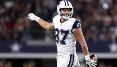 ARLINGTON, TEXAS - DECEMBER 09: Jake Ferguson #87 of the Dallas Cowboys celebrates a first down against the Cincinnati Bengals during the third quarter in the game at AT&T Stadium on December 09, 2024 in Arlington, Texas. (Photo by Sam Hodde/Getty Images)
