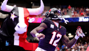 HOUSTON, TEXAS - SEPTEMBER 28: Nico Collins #12 of the Houston Texans takes the field during player introductions before the game against the Tennessee Titans at NRG Stadium on September 28, 2025 in Houston, Texas. (Photo by Alex Slitz/Getty Images)