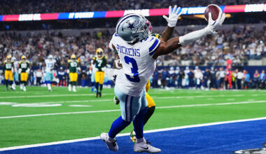 ARLINGTON, TX - SEPTEMBER 28: George Pickens #3 of the Dallas Cowboys dives for the ball against the Green Bay Packers during an NFL football game at AT&T Field on September 28, 2025 in Arlington, Texas. (Photo by Cooper Neill/Getty Images)