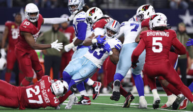 ARLINGTON, TEXAS - NOVEMBER 03: Javonte Williams #33 of the Dallas Cowboys rushes against PJ Mustipher #79 of the Arizona Cardinals during the third quarter in the game at AT&T Stadium on November 03, 2025 in Arlington, Texas. (Photo by Sam Hodde/Getty Images)