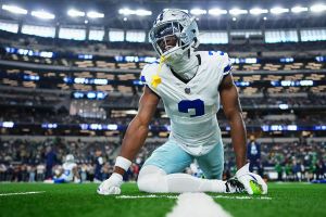 ARLINGTON, TX - NOVEMBER 23: George Pickens #3 of the Dallas Cowboys warms up before kickoff against the Philadelphia Eagles during an NFL football game at AT&T Stadium on November 23, 2025 in Arlington, Texas. (Photo by Cooper Neill/Getty Images)