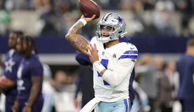 ARLINGTON, TEXAS - NOVEMBER 23: Dak Prescott #4 of the Dallas Cowboys warms up prior to the game against the Philadelphia Eagles at AT&T Stadium on November 23, 2025 in Arlington, Texas. (Photo by Stacy Revere/Getty Images)