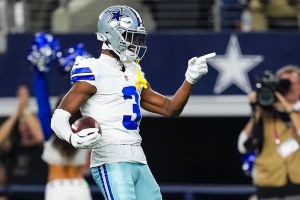 ARLINGTON, TX - NOVEMBER 23: George Pickens #3 of the Dallas Cowboys celebrates during an NFL football game against the Philadelphia Eagles at AT&T Stadium on November 23, 2025 in Arlington, Texas.