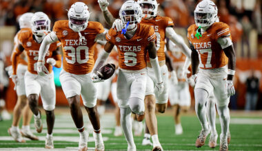 AUSTIN, TEXAS - NOVEMBER 28: Kobe Black #6 of the Texas Longhorns celerbates a interception during the fourth quarter of a game against the Texas A&M Aggies at Darrell K Royal-Texas Memorial Stadium on November 28, 2025 in Austin, Texas. (Photo by Alex Slitz/Getty Images)