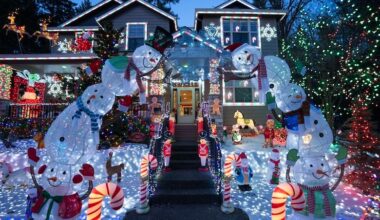 Elaborate Christmas decorations on a home