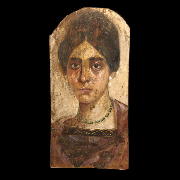An ancient encaustic portrait of a Roman woman painted on a thin wooden panel.