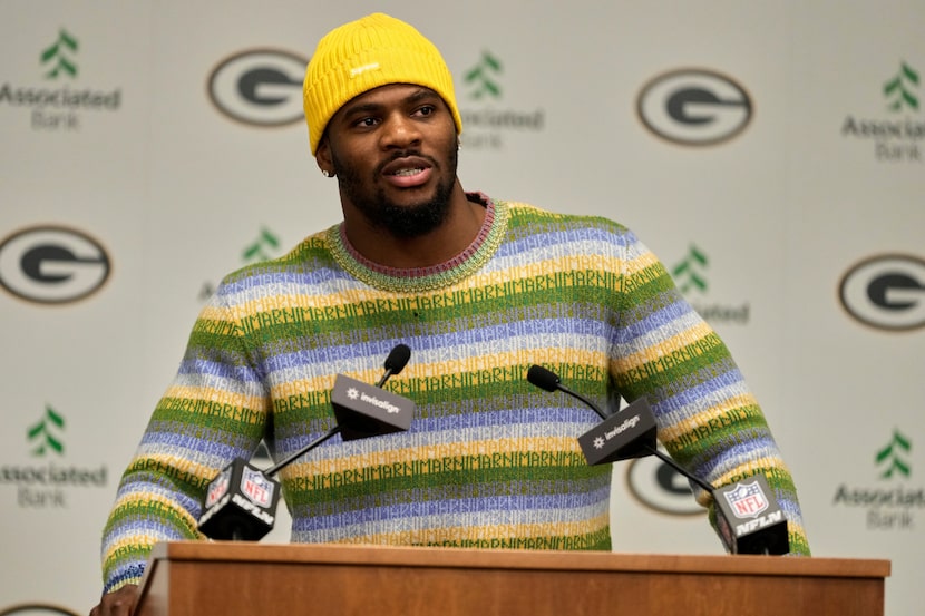 Green Bay Packers Micah Parsons speaks at his introductory news conference Friday, Aug. 29,...