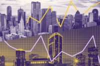 Dallas skyline over the Fort Worth skyline; graph lines