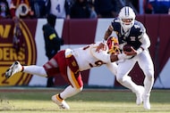 Dallas Cowboys quarterback Dak Prescott (4) is sacked by Washington Commanders defensive...