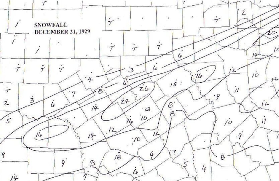 December 21 1929 Snowfall Totals from the National Weather Service