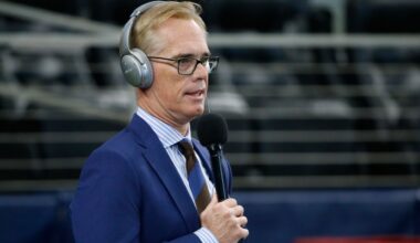 In this Dec. 15, 2019, file photo, Fox Sports announcer Joe Buck is shown before an NFL football game between the Los Angeles Rams and the Dallas Cowboys in Arlington, Texas. (AP Photo/Michael Ainsworth, File)