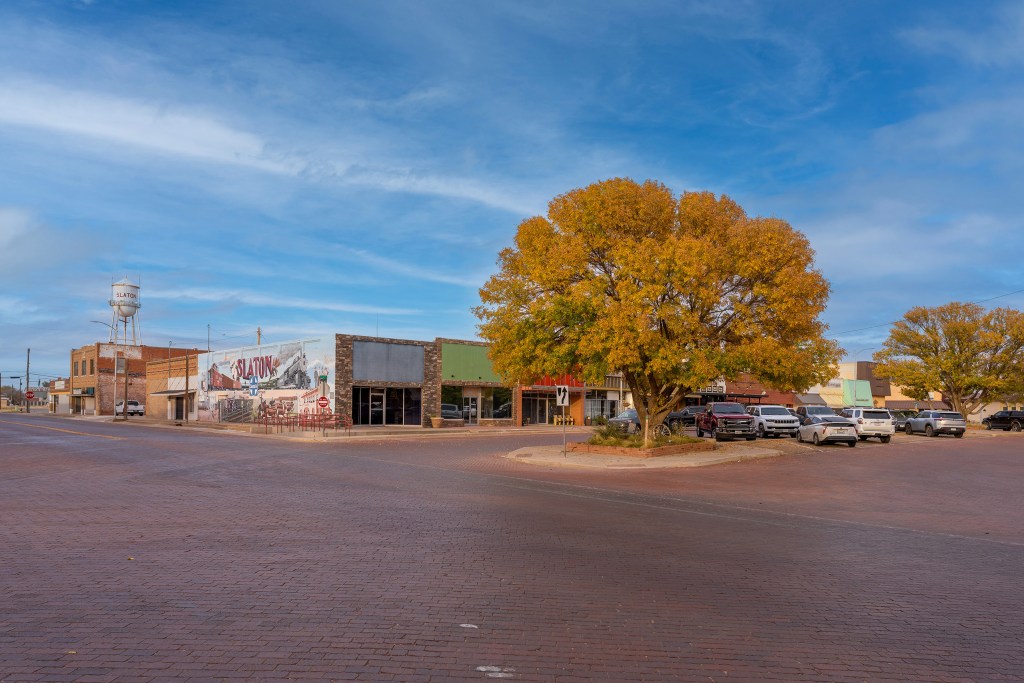 Facing northwest, the mural and part of the town square in Slaton, Texas.
