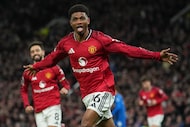Manchester United's Amad Diallo celebrates after scoring during a Premier League soccer...