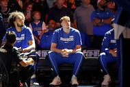 Dallas Mavericks forward Cooper Flagg (32) is entertained by a pregame highlight reel before...
