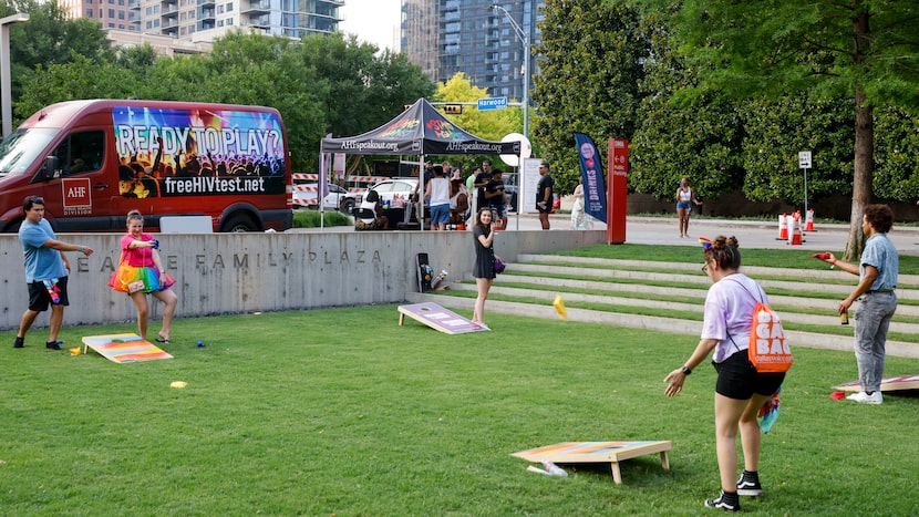 People played cornhole outside the Dallas Museum of Art during the Dallas Arts District's...