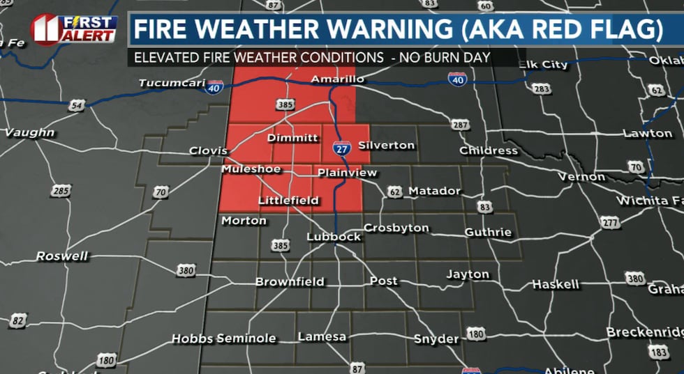 A RED FLAG WARNING (AKA Fire Weather Warning) is in effect for the northwestern KCBD/FOX34...