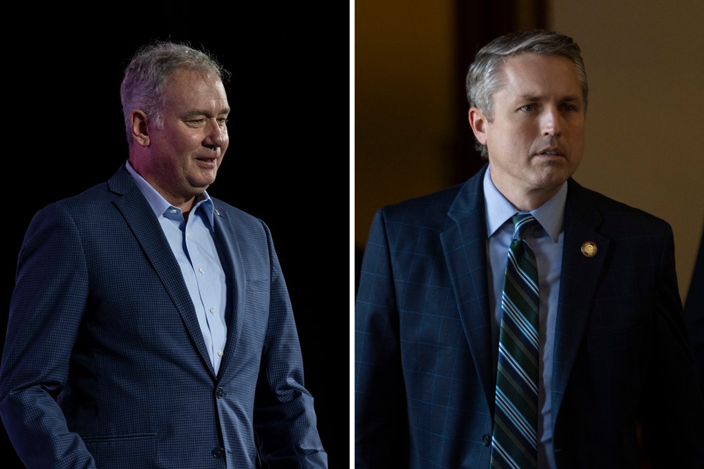 From left: Texas Scorecard publisher Michael Quinn Sullivan speaks during the Texas GOP Convention in San Antonio on May 23, 2024. State Rep. Brian Harrison, R-Midlothian, on the House floor at the Capitol in Austin on February 25, 2025.