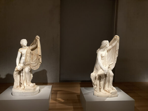 A photograph of two marble sculptures, each featuring a woman holding a swan with her right hand and holding a fabric like a shield with her left hand.