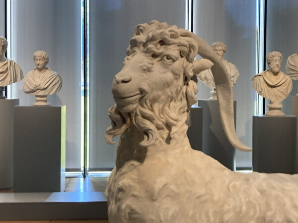 A photograph of a marble sculpture of a goat, displayed in a gallery with other marble sculptures.
