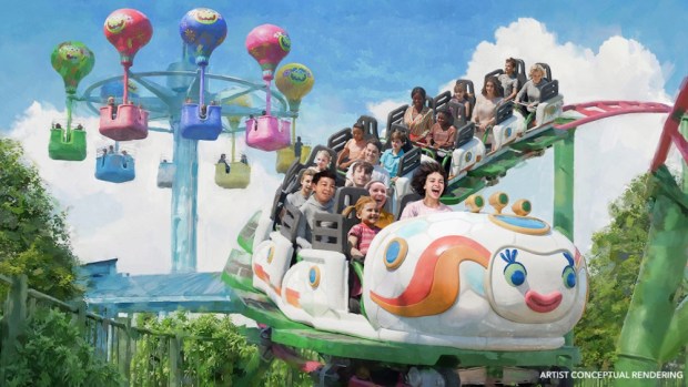 Concept art of the Hair in the Clouds balloon tower ride and Rhonda's TrollsFest Express roller coaster in the TrollsFest themed land at the Universal Kids theme park in Frisco, Texas. (Courtesy of Universal)