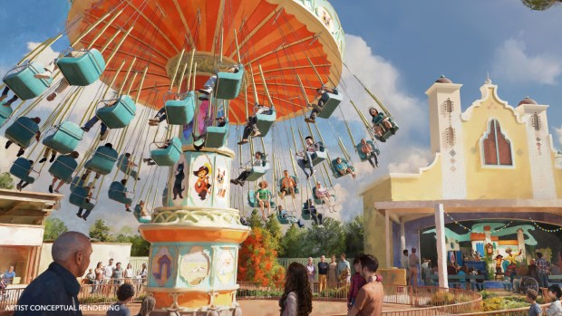 Concept art of the Swings Over Del Mar wave swinger ride in the Puss in Boots Del Mar themed land at the Universal Kids theme park in Frisco, Texas. (Courtesy of Universal)