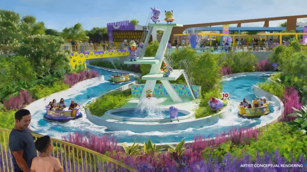 Concept art of the Bello Bay Cruise river rapids ride in the Minions vs. Minions: Bello Bay Club themed land at the Universal Kids theme park in Frisco, Texas. (Courtesy of Universal)
