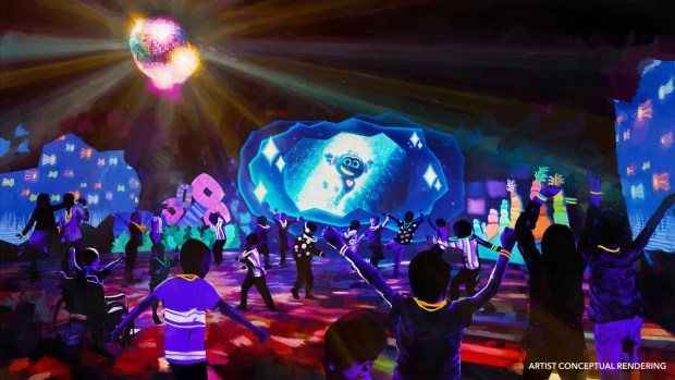 Concept art of the King Trollex Techno Dance Party stage show in the TrollsFest themed land at the Universal Kids theme park in Frisco, Texas. (Courtesy of Universal)