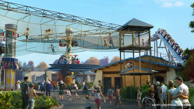 Concept art of the Lookout Towers ropes course in the Jurassic World Adventure Camp themed land at the Universal Kids theme park in Frisco, Texas. (Courtesy of Universal)