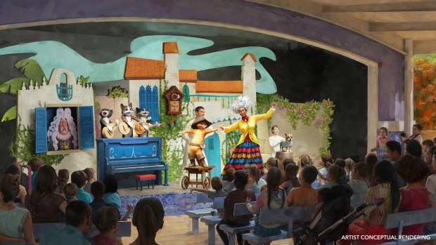 Concept art of Mama Luna's Adopt a Kitty Day puppet show in Puss in Boots Del Mar at the Universal Kids theme park in Frisco, Texas. (Courtesy of Universal)
