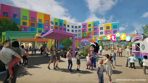 Concept art of the Universal Kids Hotel in the Isle of Curiosity at the Universal Kids theme park in Frisco, Texas. (Courtesy of Universal)