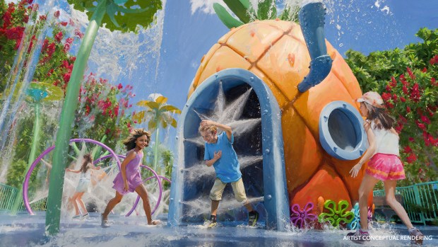 Concept art of the Pineapple Paradise water play area in the SpongeBob SquarePants Bikini Bottom themed land at the Universal Kids theme park in Frisco, Texas. (Courtesy of Universal)
