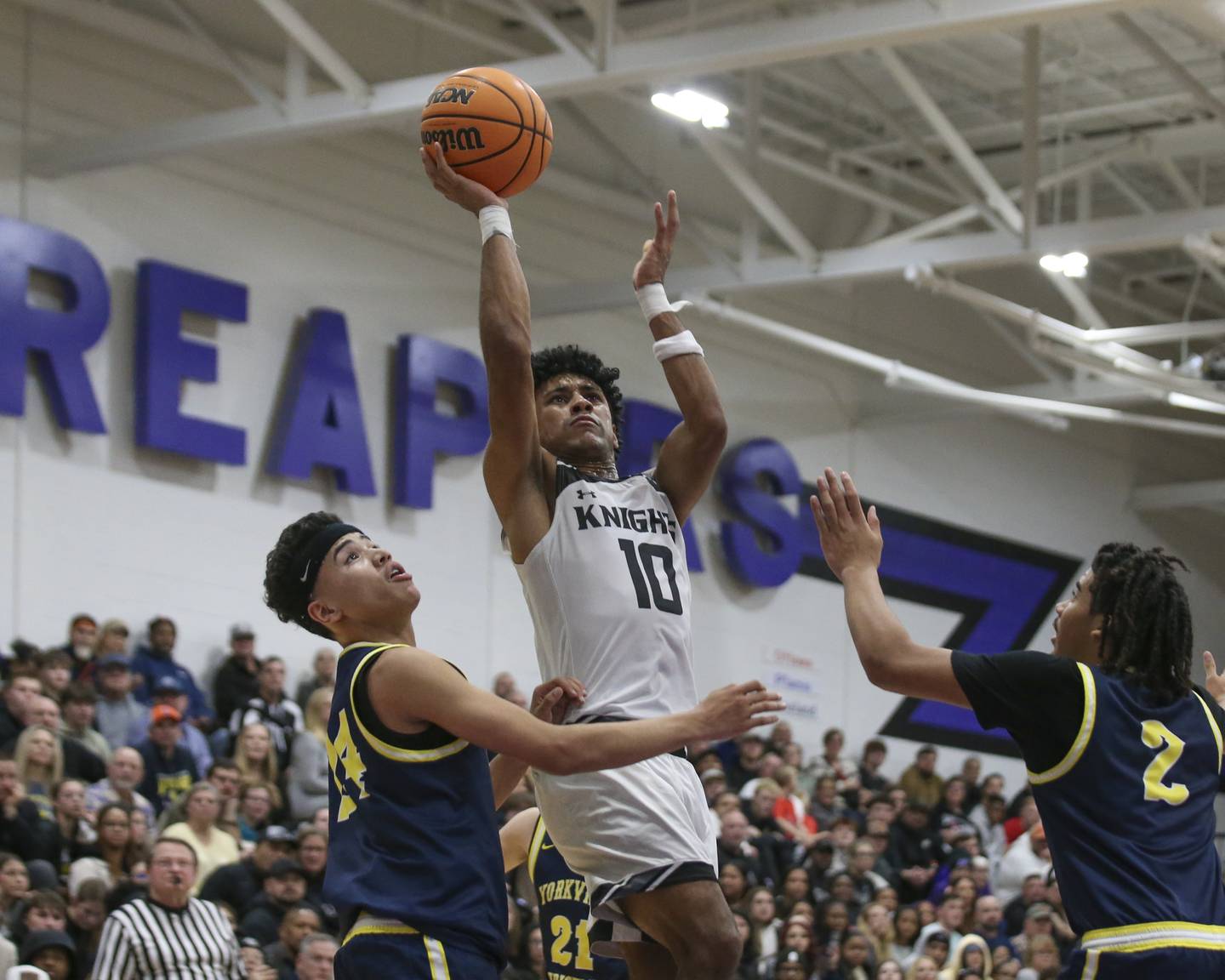Kaneland's Jalen Carter (10) puts up a shot during their Plano Christmas Classic Championship basketball game between Yorkville Christian at Kaneland Tuesday, Dec 30, 2025 in Plano.