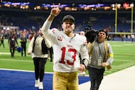 San Francisco 49ers quarterback Brock Purdy (13) celebrates after an NFL football game...