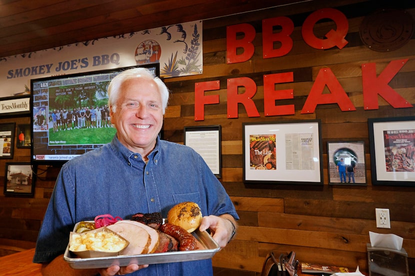 Greg Artkop is driving across Texas to eat barbecue. Here, he's at Smokey Joe's BBQ in Dallas.