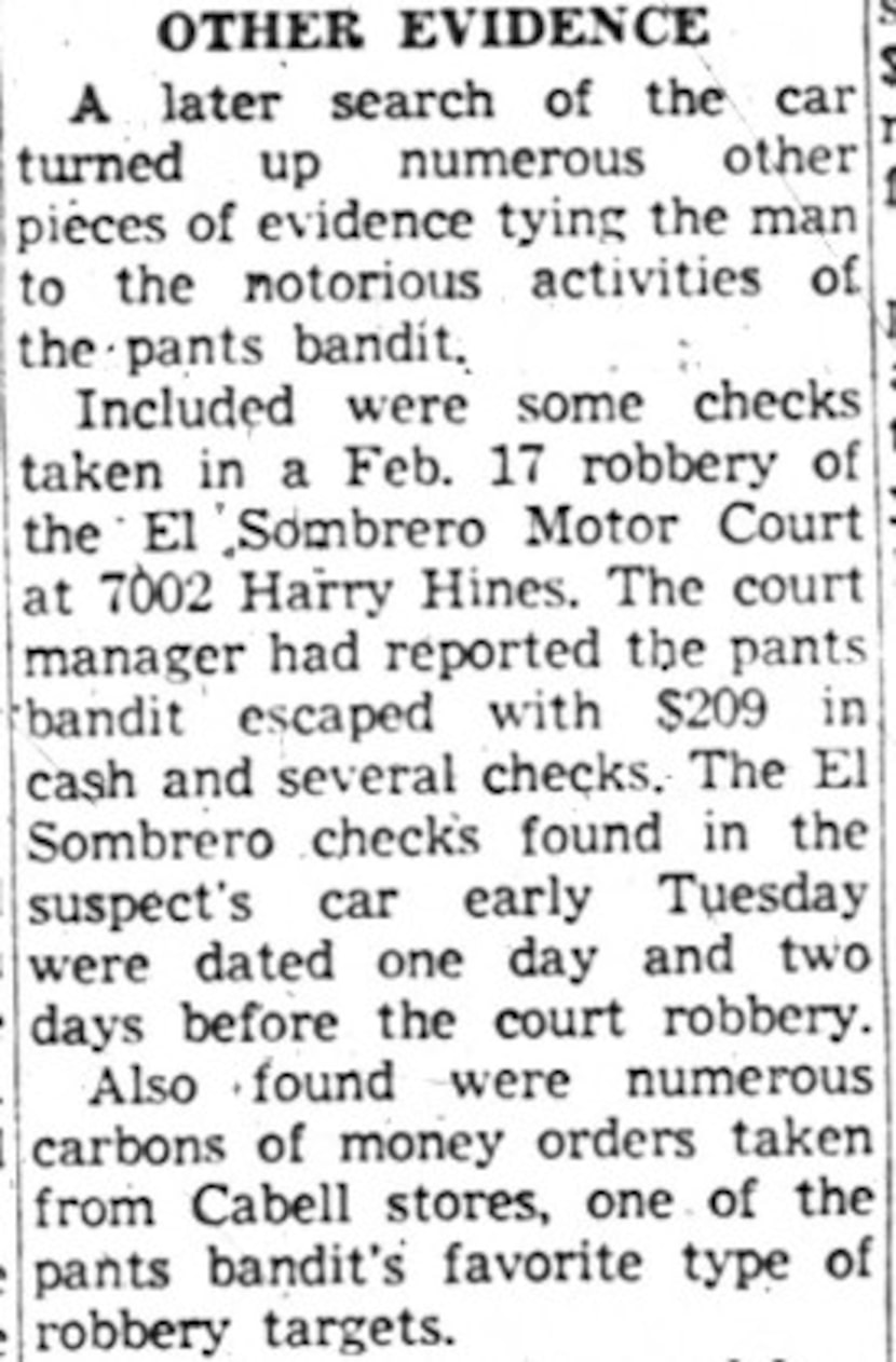 A March 25, 1958, Dallas Morning News story -- about a "pants bandit" hitting, among other...