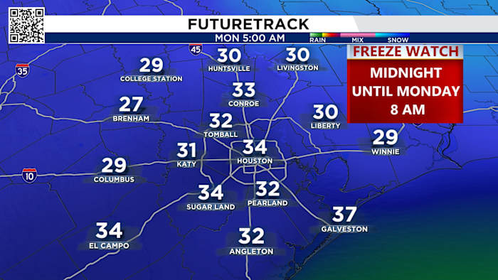 Freeze Watch issued for Houston tonight at midnight until 8 am Monday. 