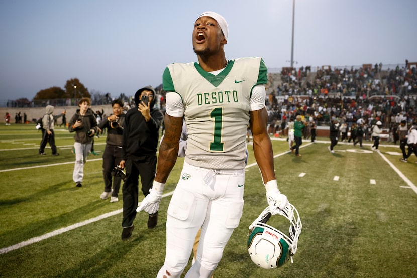 DeSoto wide receiver Ethan Feaster (1) celebrates after winning a Class 6A Division II state...