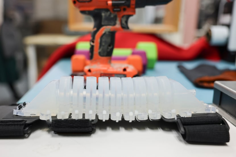 The air-powered wearable elbow exoskeleton, on Thursday, Dec. 4, 2025, at UT Arlington...