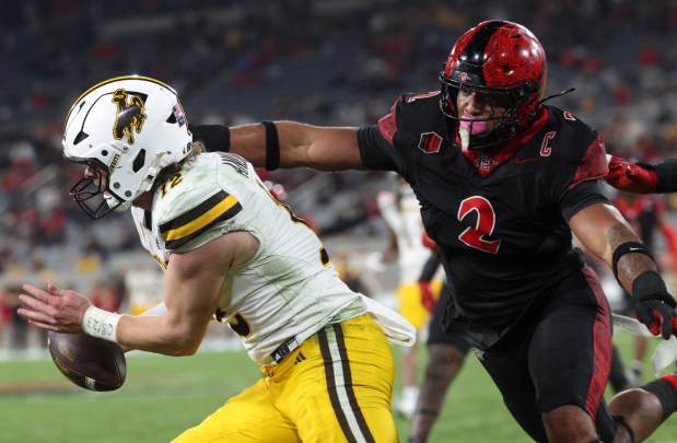 San Diego State edge Trey White will decide this week whether to enter the transfer portal. (Hayne Palmour IV / For The San Diego Union-Tribune)