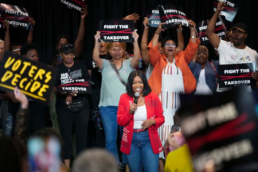 U.S. Rep. Jasmine Crockett addresses a rally at Antioch Fellowship Church on Thursday, Aug....