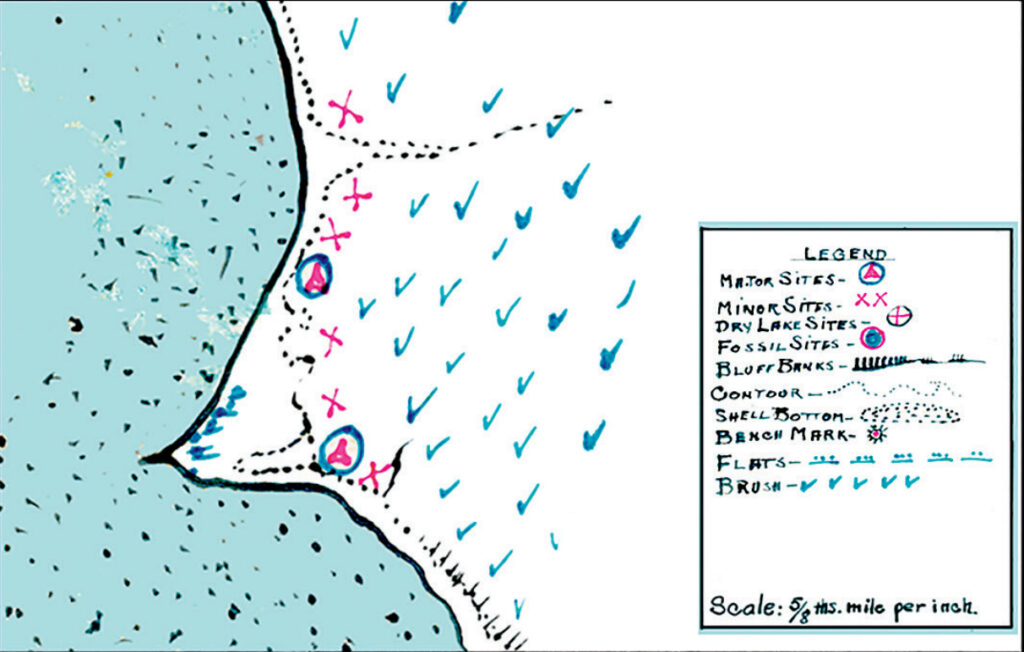 A map produced by Harold Pape and John Tunnell shows Donnel Point, then called Boyd's Point, in 1940, with several major and minor archaeological sites marked. Credit: Texas A&M University Press