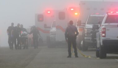 Emergency officials respond to a small plane crash near Galveston, Texas