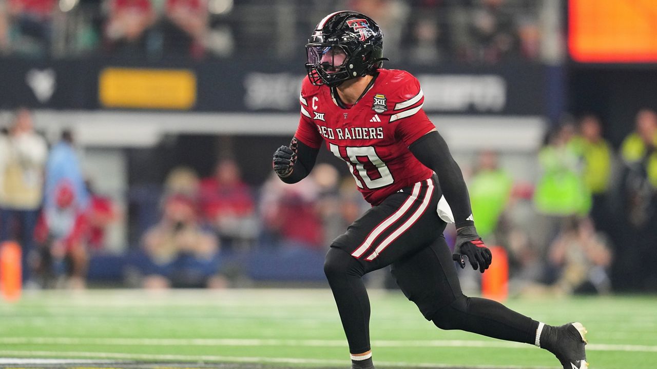 Texas Tech linebacker Jacob Rodriguez (10) defends during the Big 12 Conference championship NCAA college football game between Texas Tech and BYU Saturday, Dec. 6, 2025, in Arlington, Texas. (AP Photo/Julio Cortez, File)