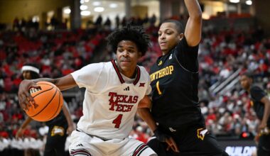 Texas Tech guard Christian Anderson (4) drives to the basket against Winthrop guard Isaiah Wilson (1) during the first half of an NCAA college basketball game Sunday, Dec. 28, 2025, in Lubbock, Texas. (AP Photo/Justin Rex)