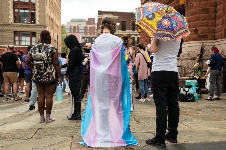 Over 300 activists and supporters rallied at Bexar County Courthouse on March 29, 2025 before marching to Crockett Park for San Antonio's third annual celebration of Transgender Day of Visibility.