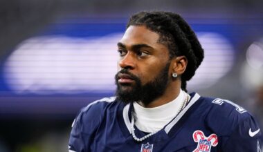 Dallas Cowboys cornerback Trevon Diggs (7) walks along he sideline during the first half of an NFL football game against the Los Angeles Chargers, Sunday, Dec. 21, 2025, in Arlington, Texas. (AP Photo/Tony Gutierrez)