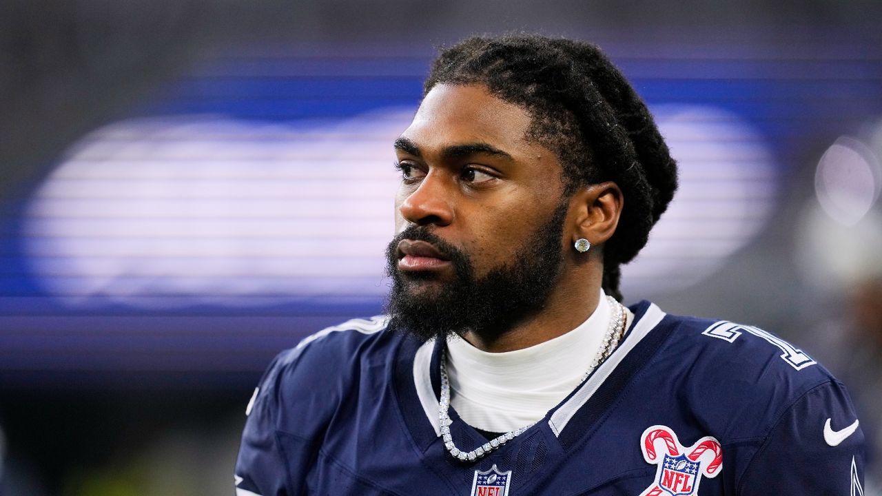 Dallas Cowboys cornerback Trevon Diggs (7) walks along he sideline during the first half of an NFL football game against the Los Angeles Chargers, Sunday, Dec. 21, 2025, in Arlington, Texas. (AP Photo/Tony Gutierrez)