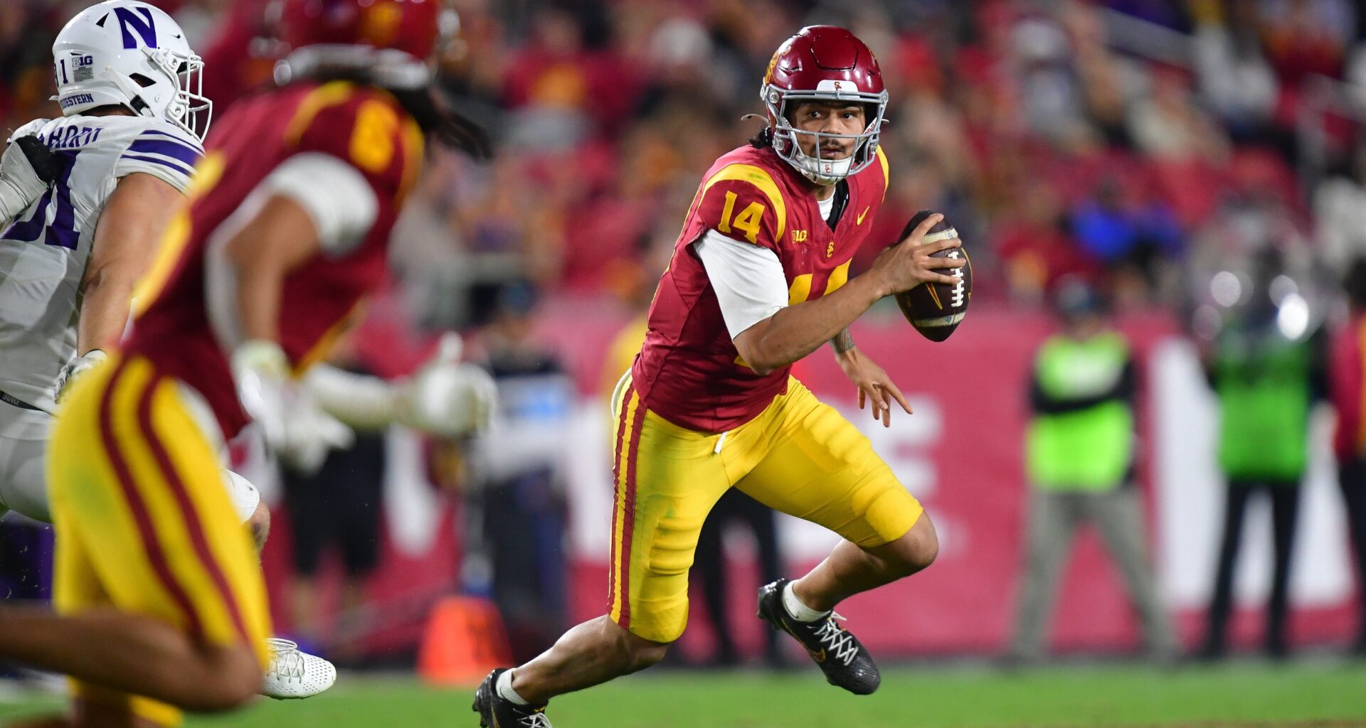USC quarterback Jayden Maiava looks to make a play against Northwestern during the 2025 college football season.